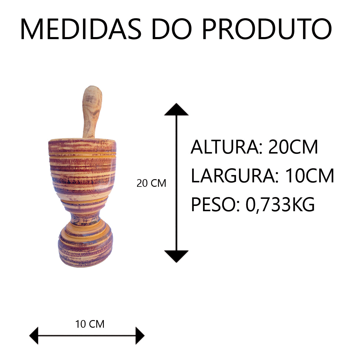 Pilão de Madeira com Socador 13cm, 15cm ou 20cm Artesanal