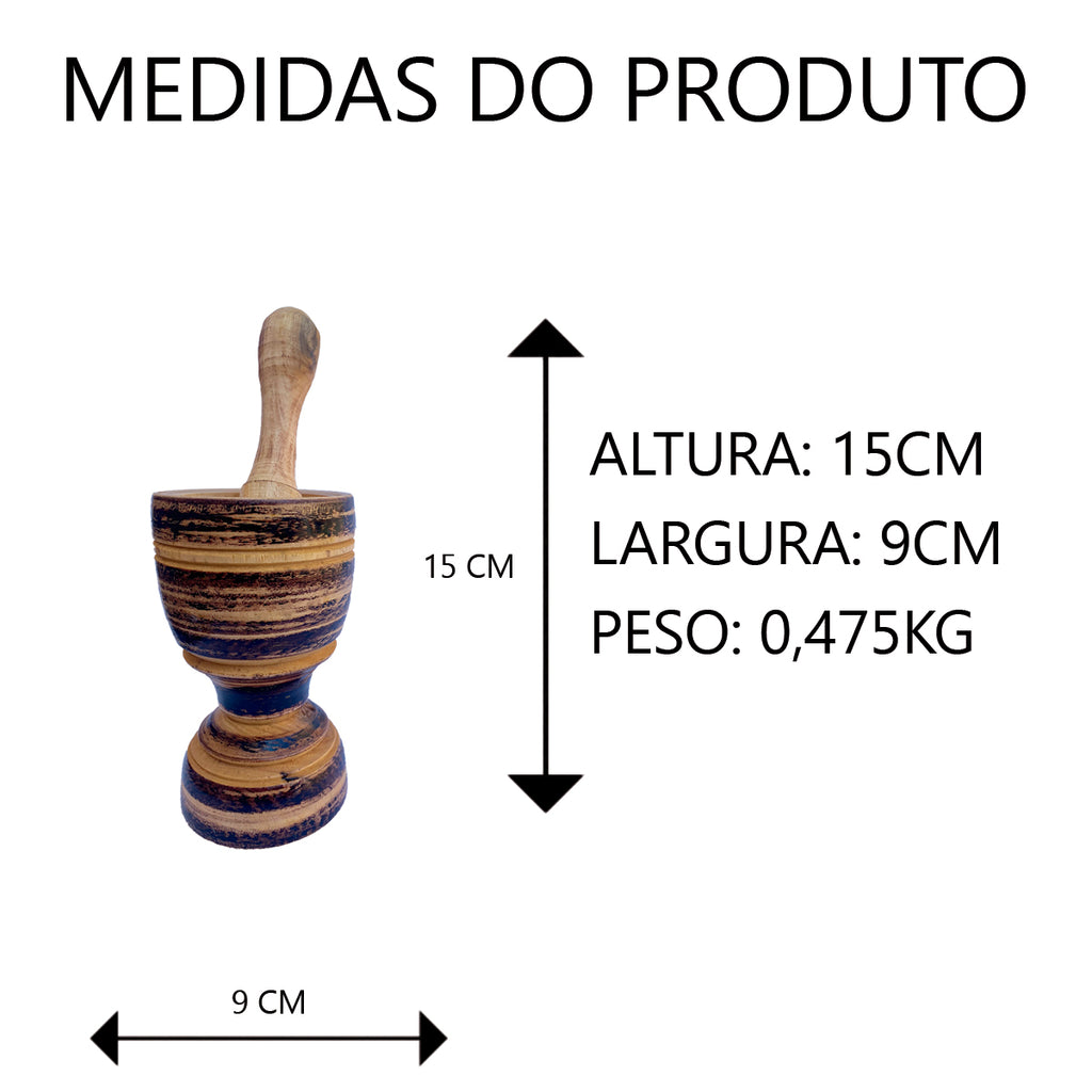 Pilão de Madeira com Socador 13cm, 15cm ou 20cm Artesanal