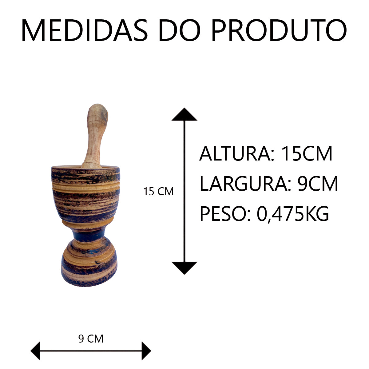 Pilão de Madeira com Socador 13cm, 15cm ou 20cm Artesanal
