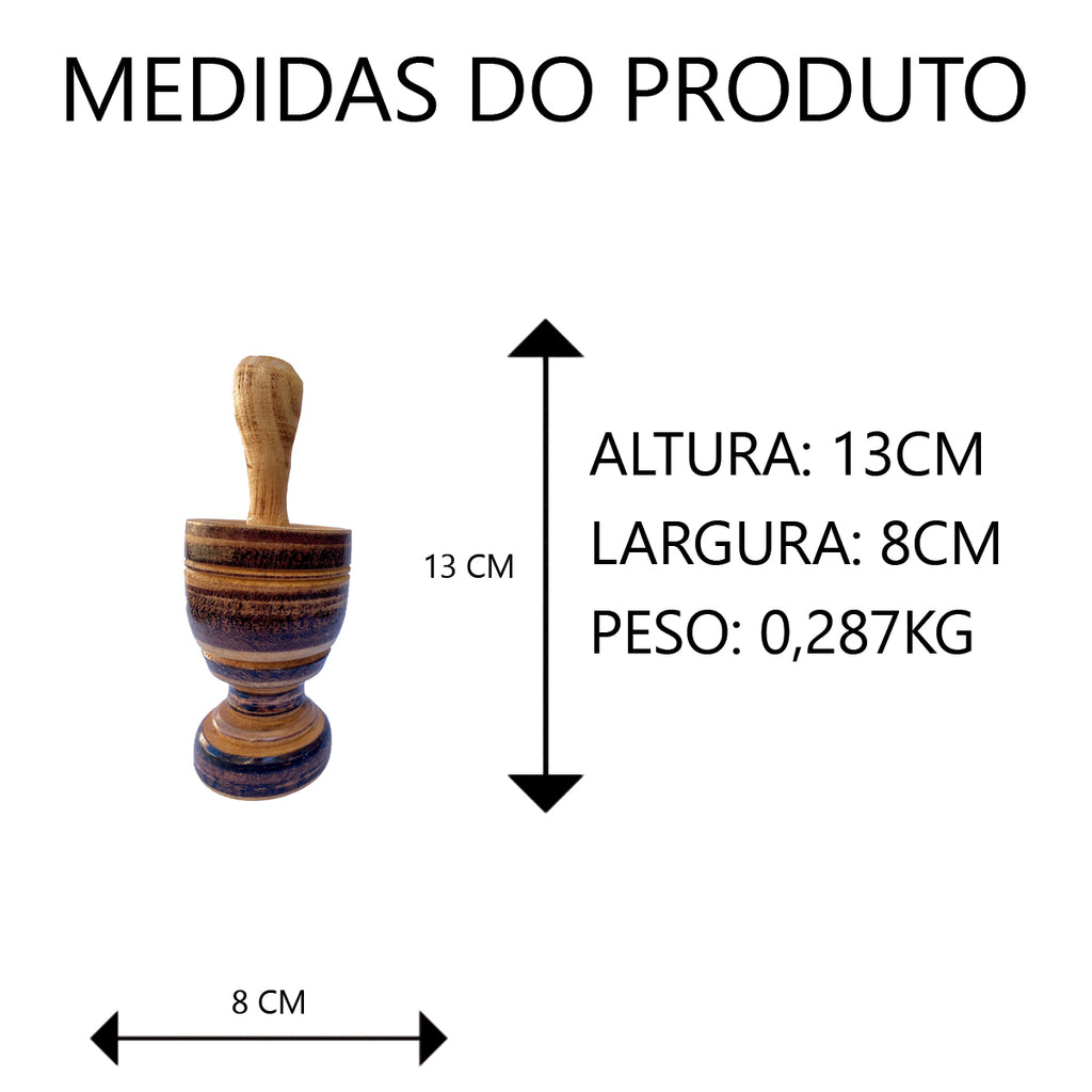 Pilão de Madeira com Socador 13cm, 15cm ou 20cm Artesanal
