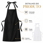 Avental de tecido oxford com bolso central, disponível nas cores preto e branco, tamanhos médio e grande