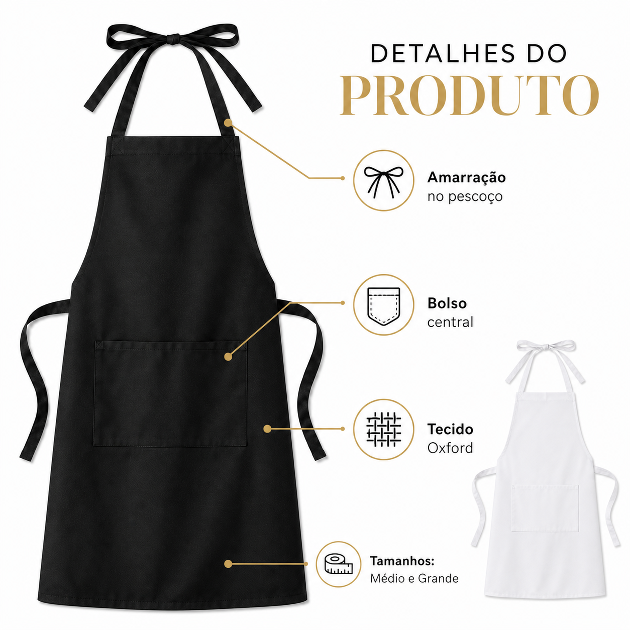 Avental de tecido oxford com bolso central, disponível nas cores preto e branco, tamanhos médio e grande