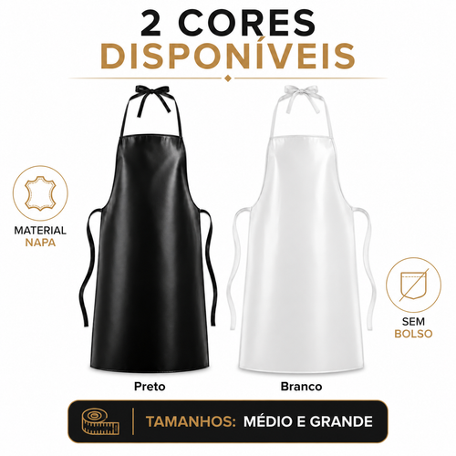 Avental de napa preto e branco sem bolso tamanho médio e grande