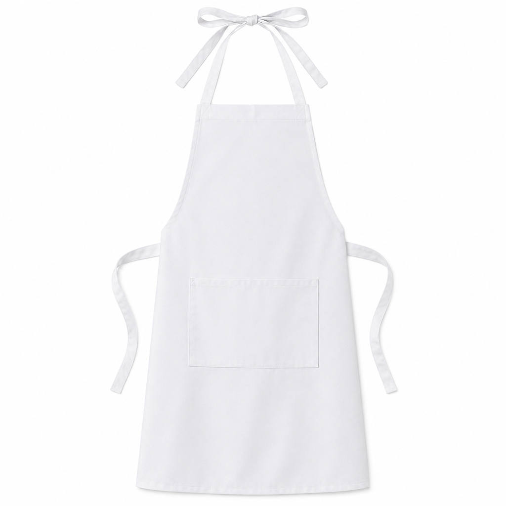 Avental de tecido oxford com bolso central, disponível nas cores preto e branco, tamanhos médio e grande