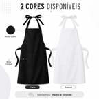 Avental de tecido oxford com bolso central, disponível nas cores preto e branco, tamanhos médio e grande