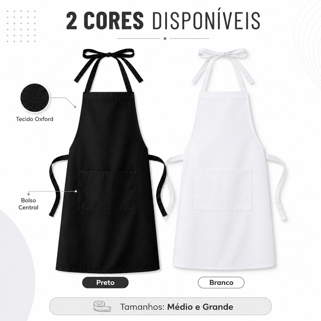 Avental de tecido oxford com bolso central, disponível nas cores preto e branco, tamanhos médio e grande
