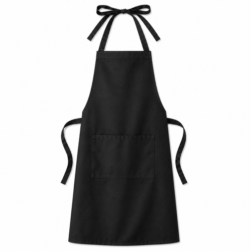 Avental de tecido oxford com bolso central, disponível nas cores preto e branco, tamanhos médio e grande