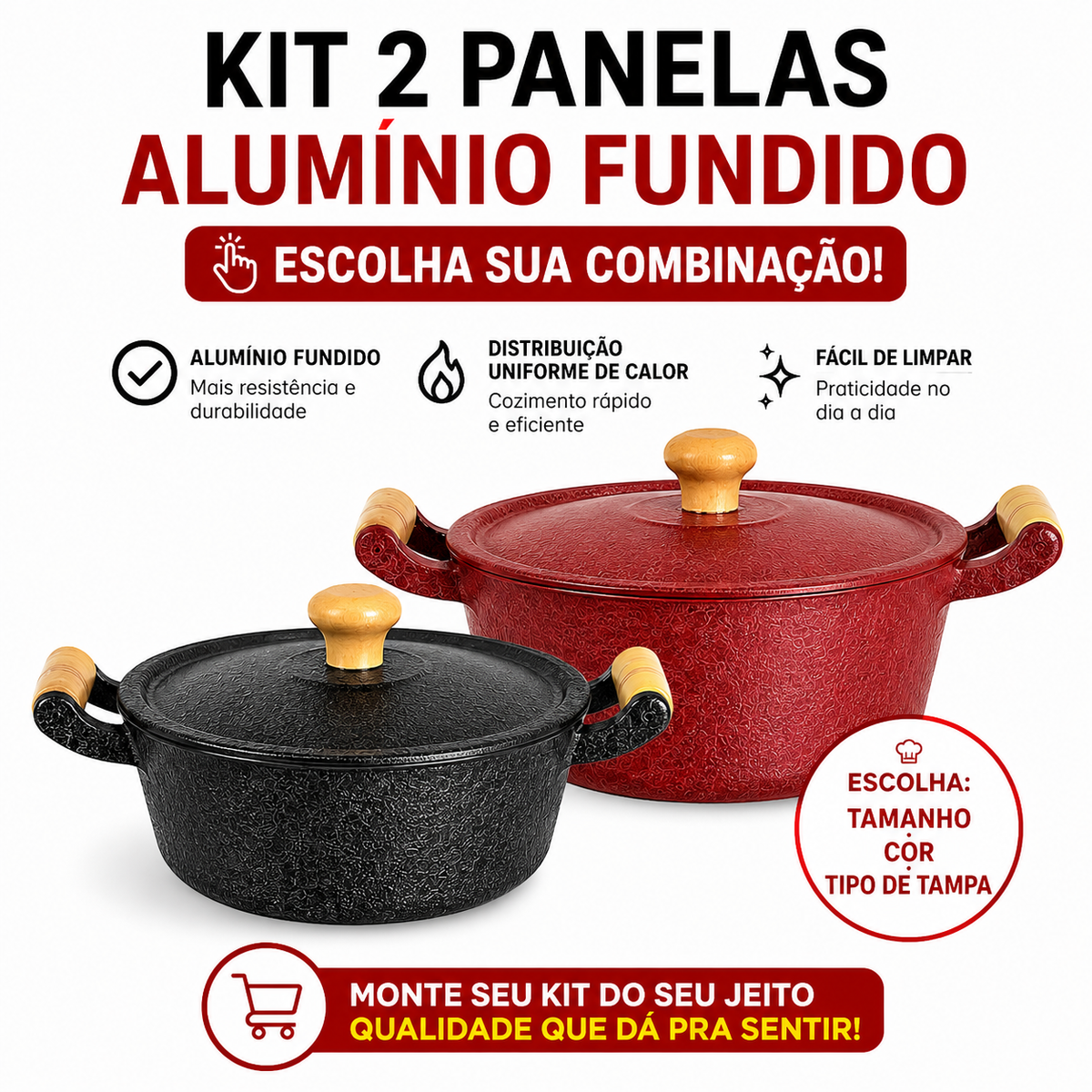 Kit com 2 panelas de alumínio fundido, monte sua combinação de tamanho, cor e tipo de tampa