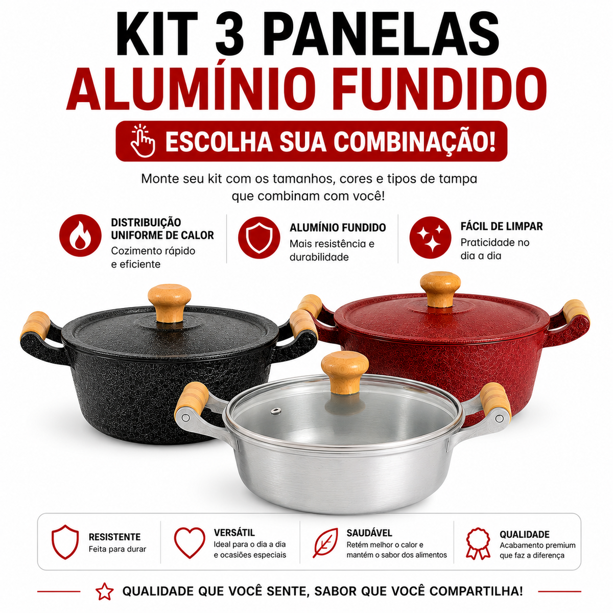 Kit com 3 panelas de alumínio fundido, resistentes e com distribuição uniforme de calor