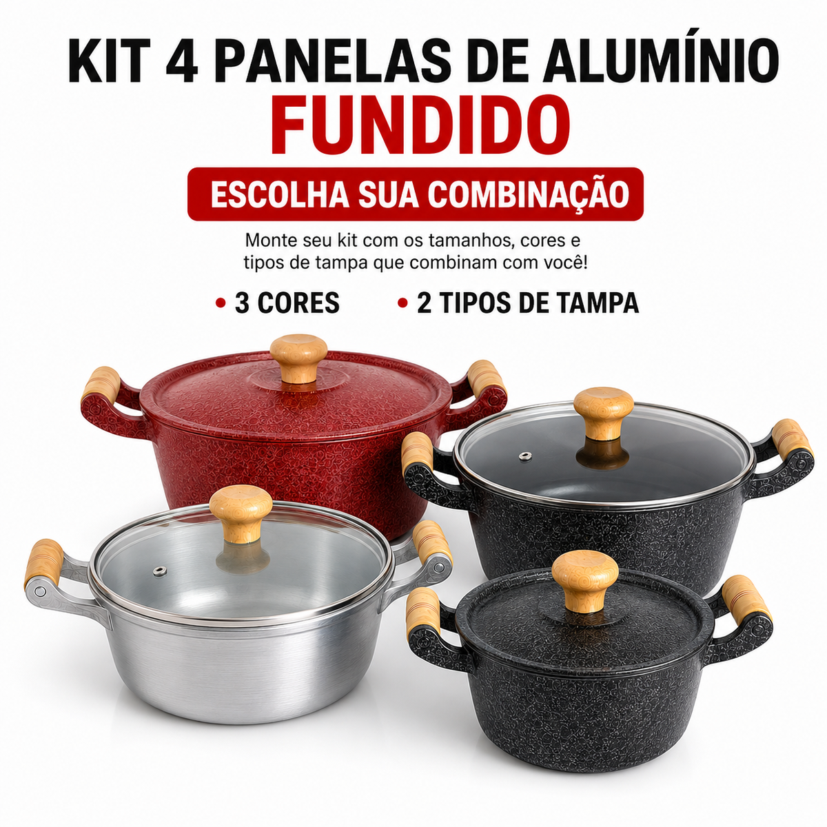 Kit com 4 panelas de alumínio fundido, disponíveis em 3 cores e 2 tipos de tampa