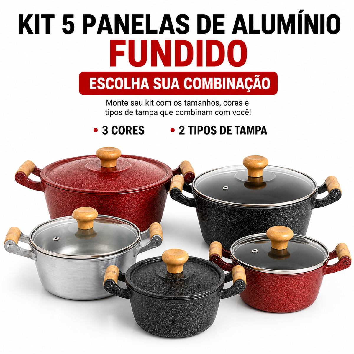 Kit com 5 panelas de alumínio fundido, monte sua combinação de tamanho, cor e tipo de tampa