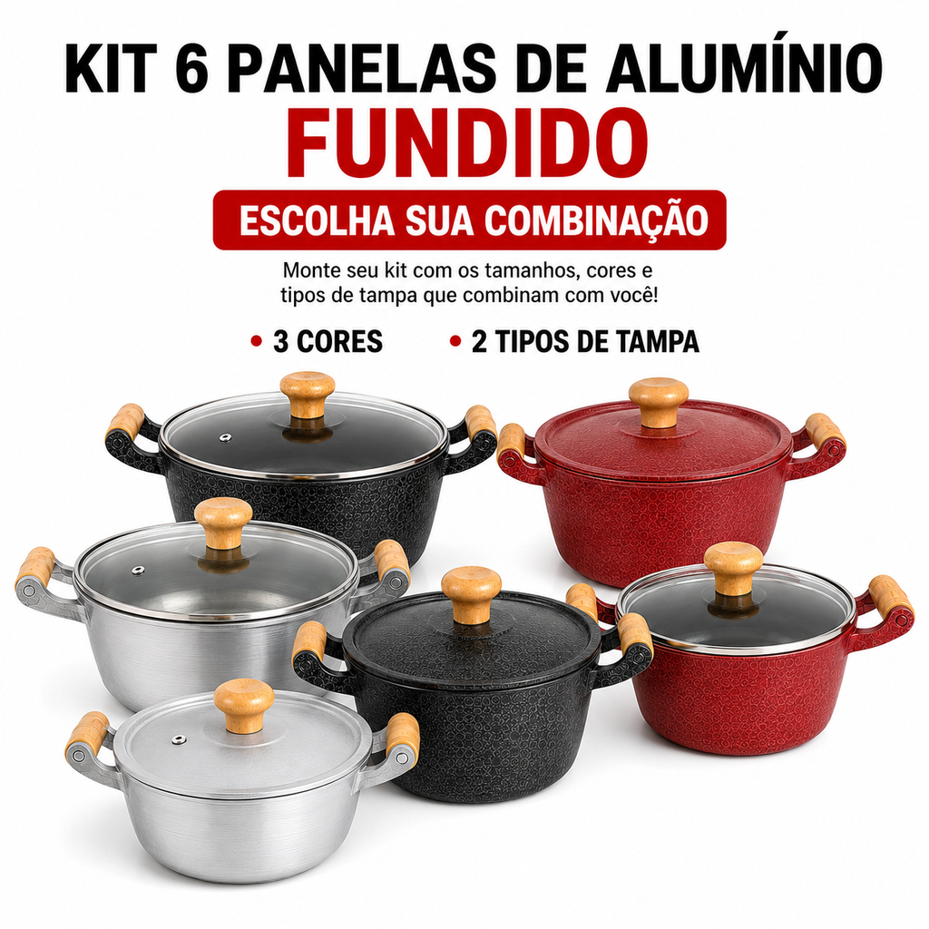Kit com 6 panelas de alumínio fundido, resistentes, duráveis e fáceis de limpar