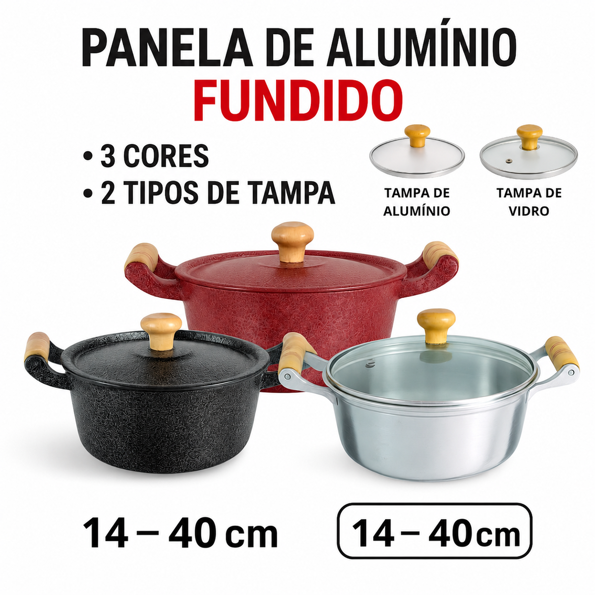 Panela de alumínio fundido, disponível em 3 cores e com tampa de alumínio ou vidro, tamanhos de 14 a 40cm