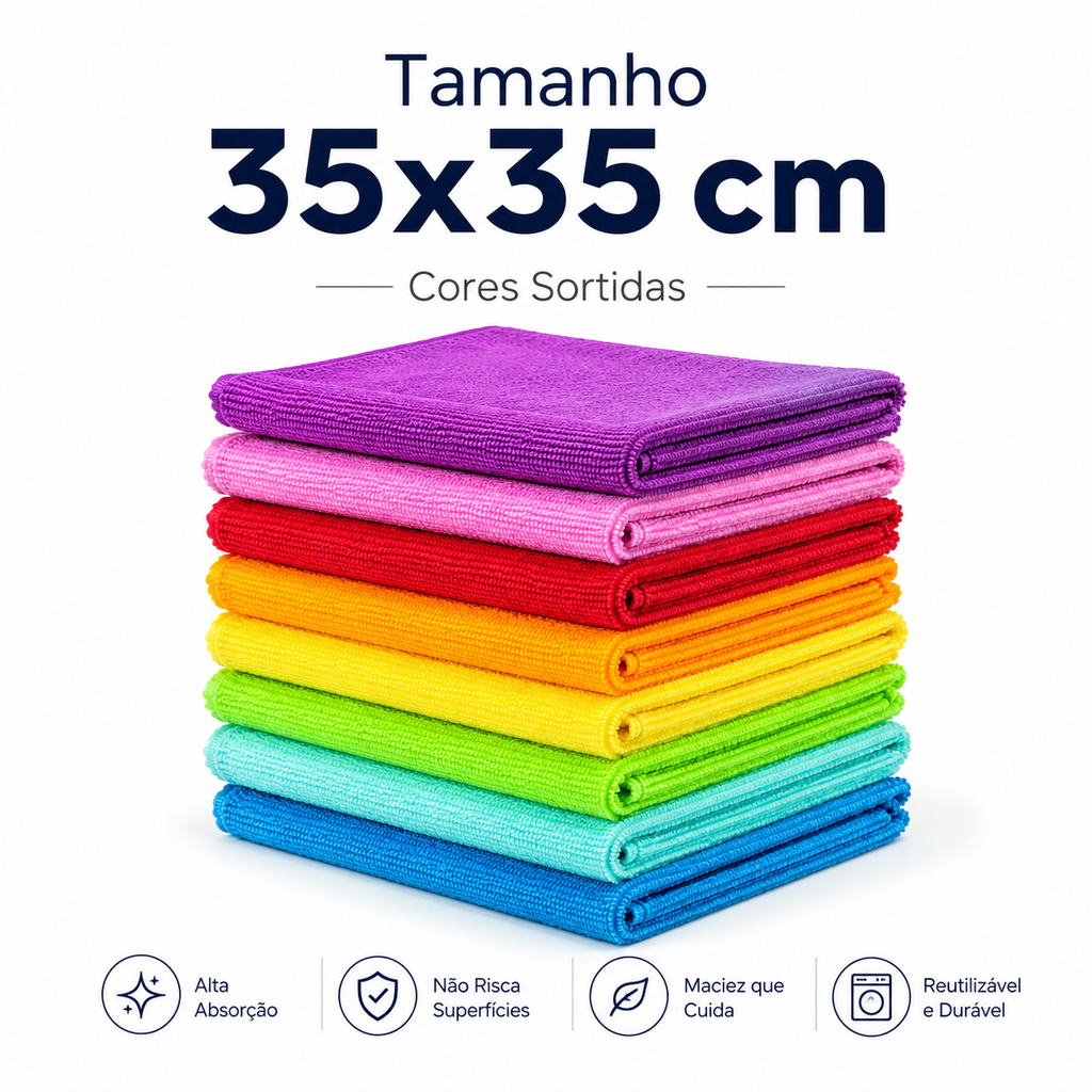 Pano de microfibra 35x35cm, cores sortidas, alta absorção e não risca superfícies