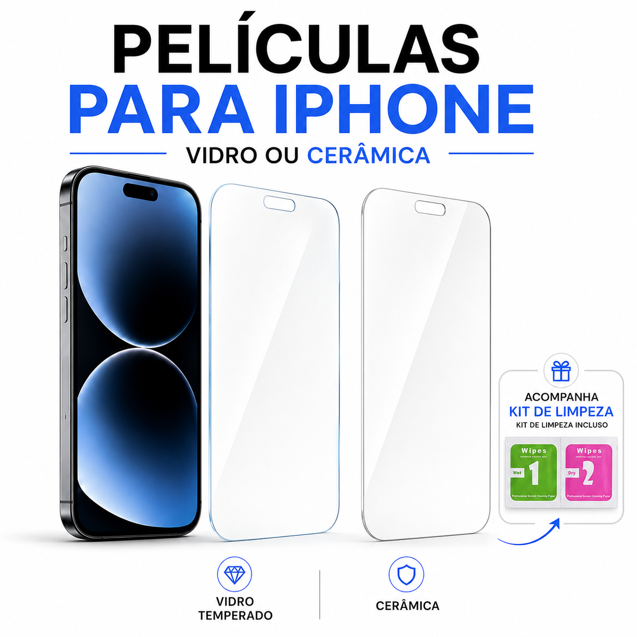Películas para iPhone em vidro temperado ou cerâmica, com kit de limpeza incluso