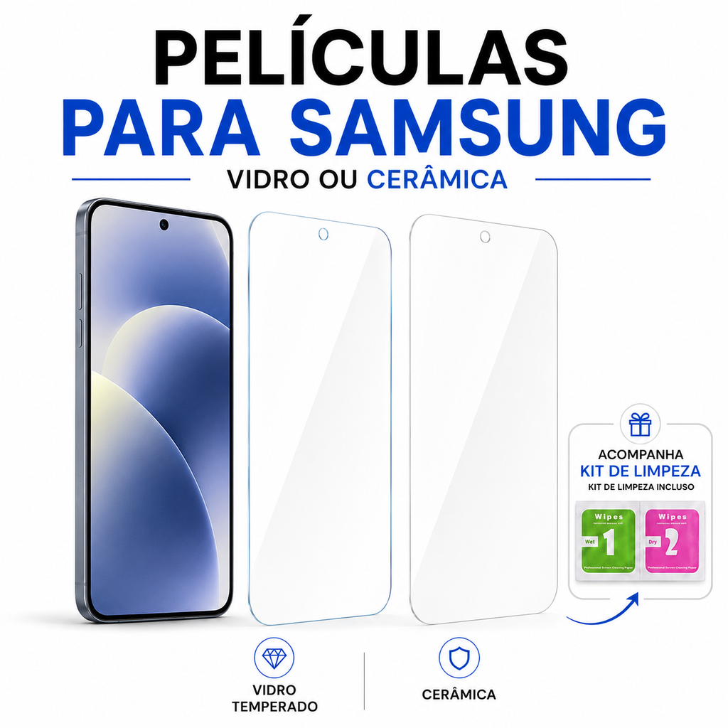 Películas para Samsung em vidro temperado ou cerâmica, com kit de limpeza incluso