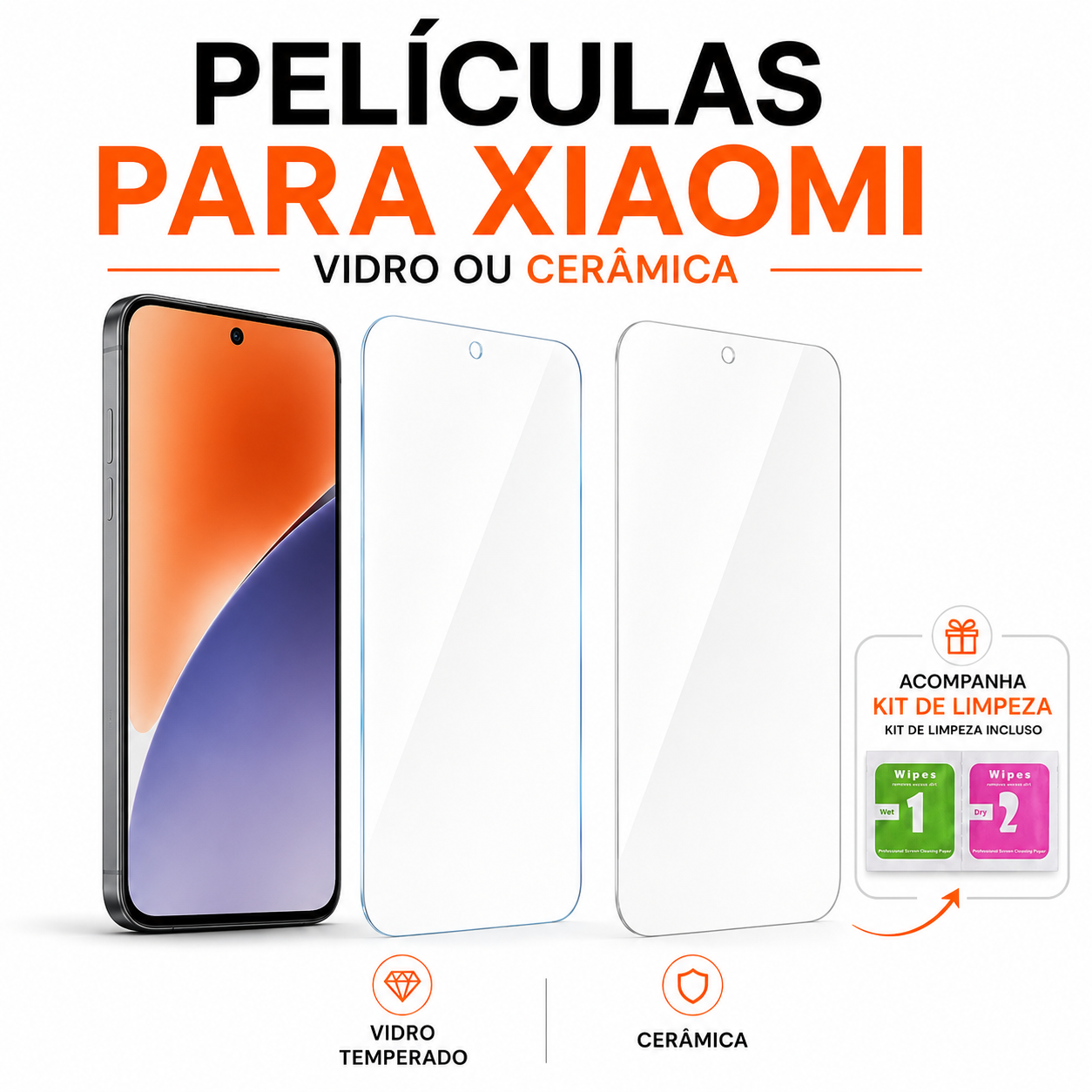 Películas para Xiaomi em vidro temperado ou cerâmica, com kit de limpeza incluso