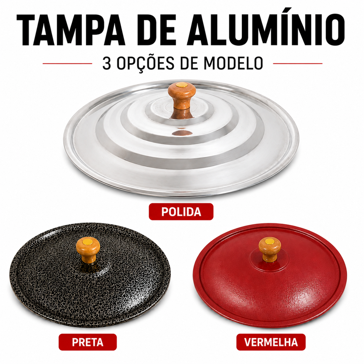Tampa de alumínio em 3 opções de modelo: polida, preta e vermelha