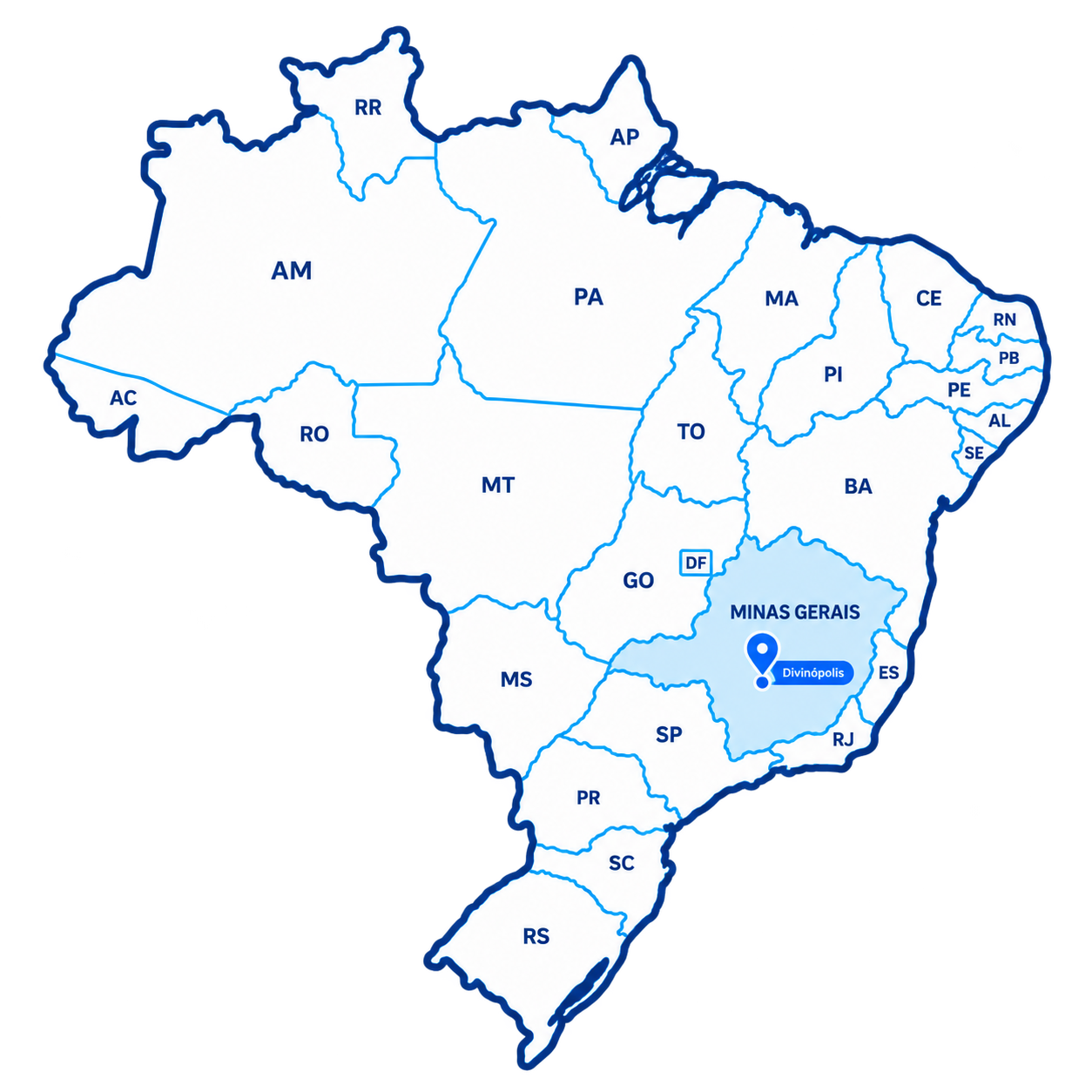 Mapa do Brasil com localização em Divinópolis, Minas Gerais
